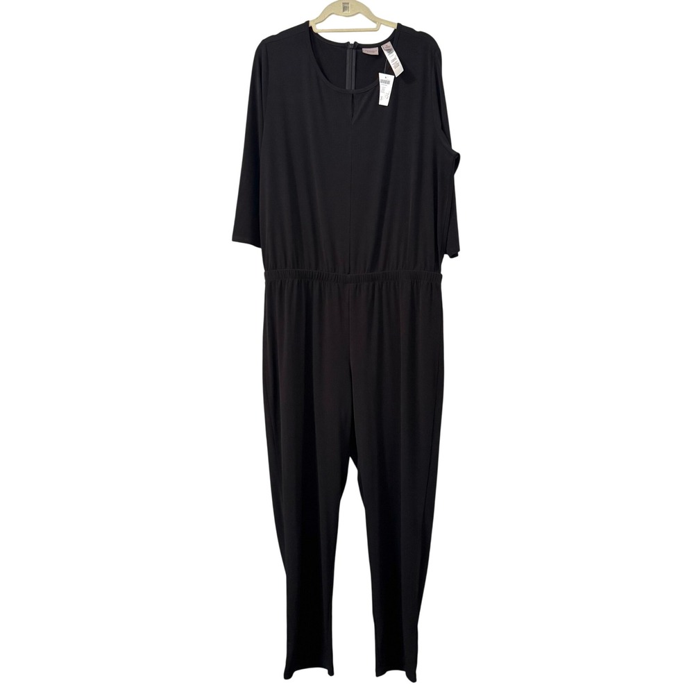 Chicos Easywear Womens Jumpsuit 3 XL Black 3/4 Sleeve Elastic Waist Nwt Comfort